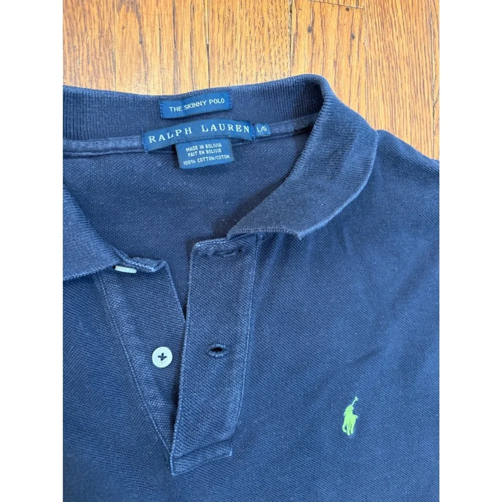 Ralph Lauren The Skinny Polo Navy Blue Lime Green Pony Logo Shirt L Preppy Y2K